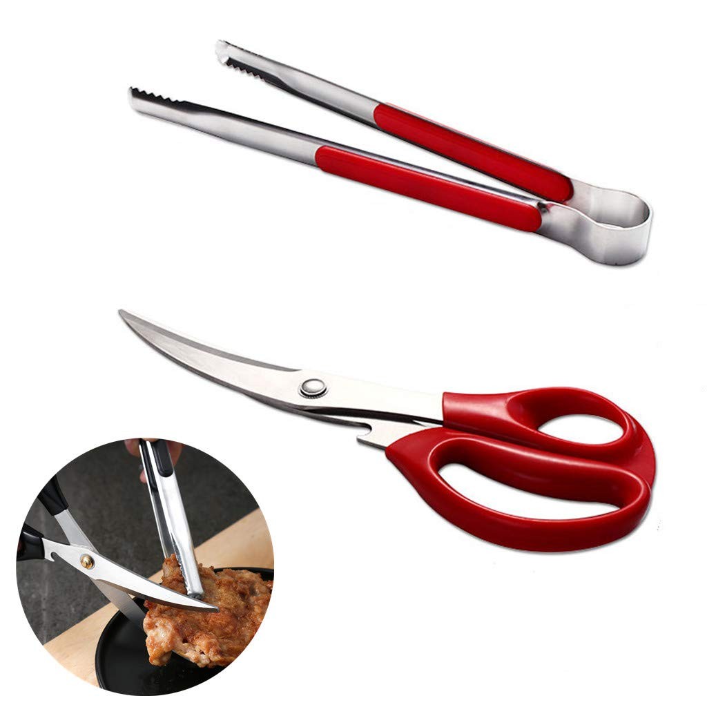 Korean BBQ Scissors And Tongs Set Stainless Steel Ergonomic Red 1 Set