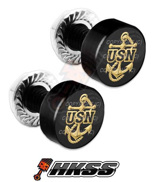 2 Black Billet Aluminum License Plate Frame Tag Bolts - USN NAVY ANCHOR 3WN