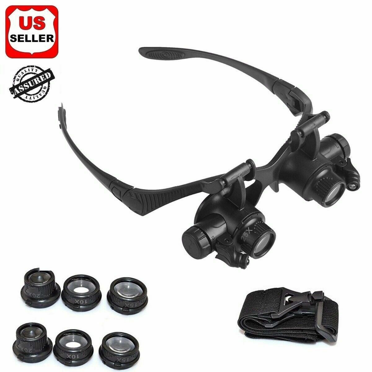Double Eye Jewelry Watch Repair Magnifier Loupe Glasses With LED Light 8 Lens US