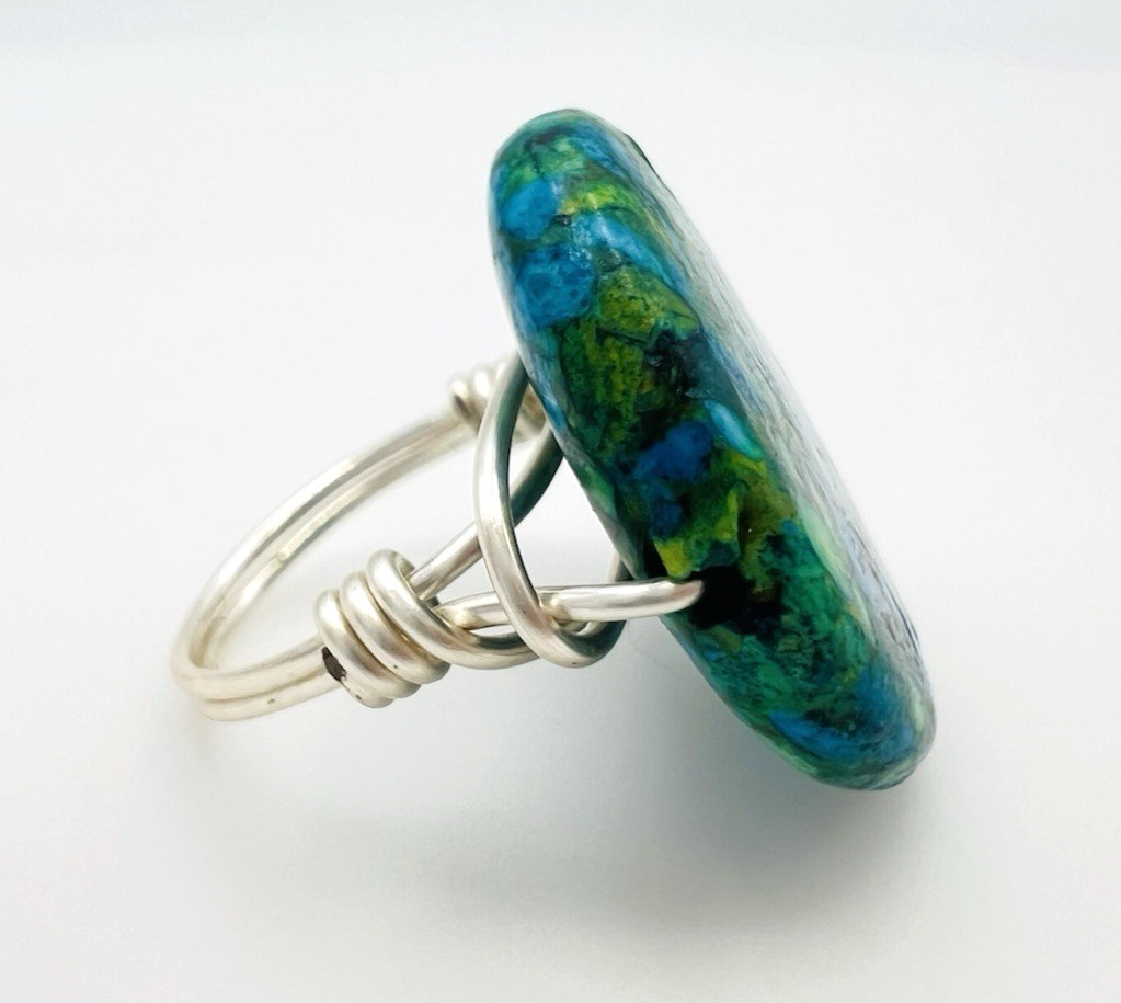 Handcrafted Silver Plated Wire Wrapped Mosaic Composite Stone Ring Size 8