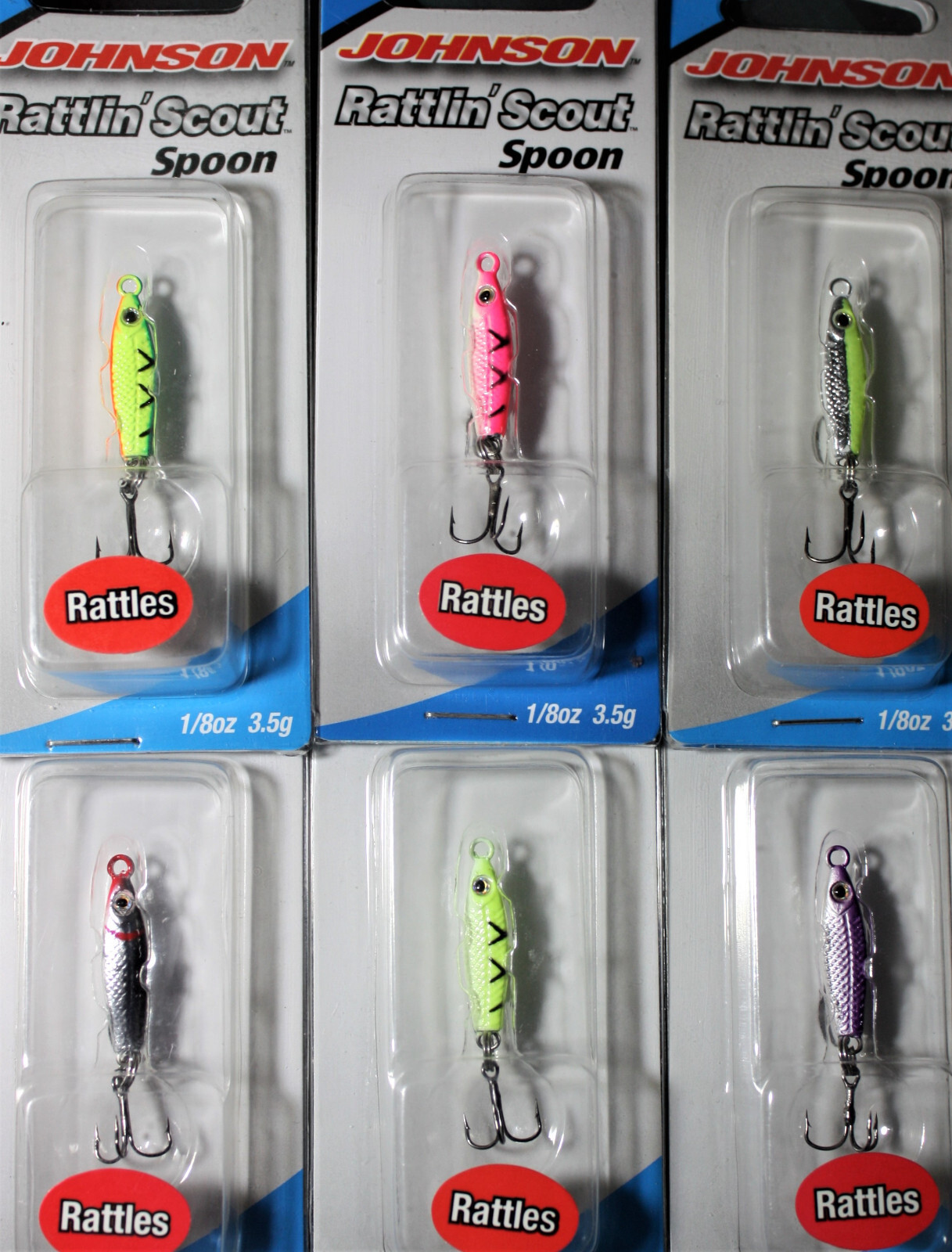 Johnson Rattlin' Scout Spoons 1/8 oz. (Lot of 6) Jigging Spoon ice fishing jig