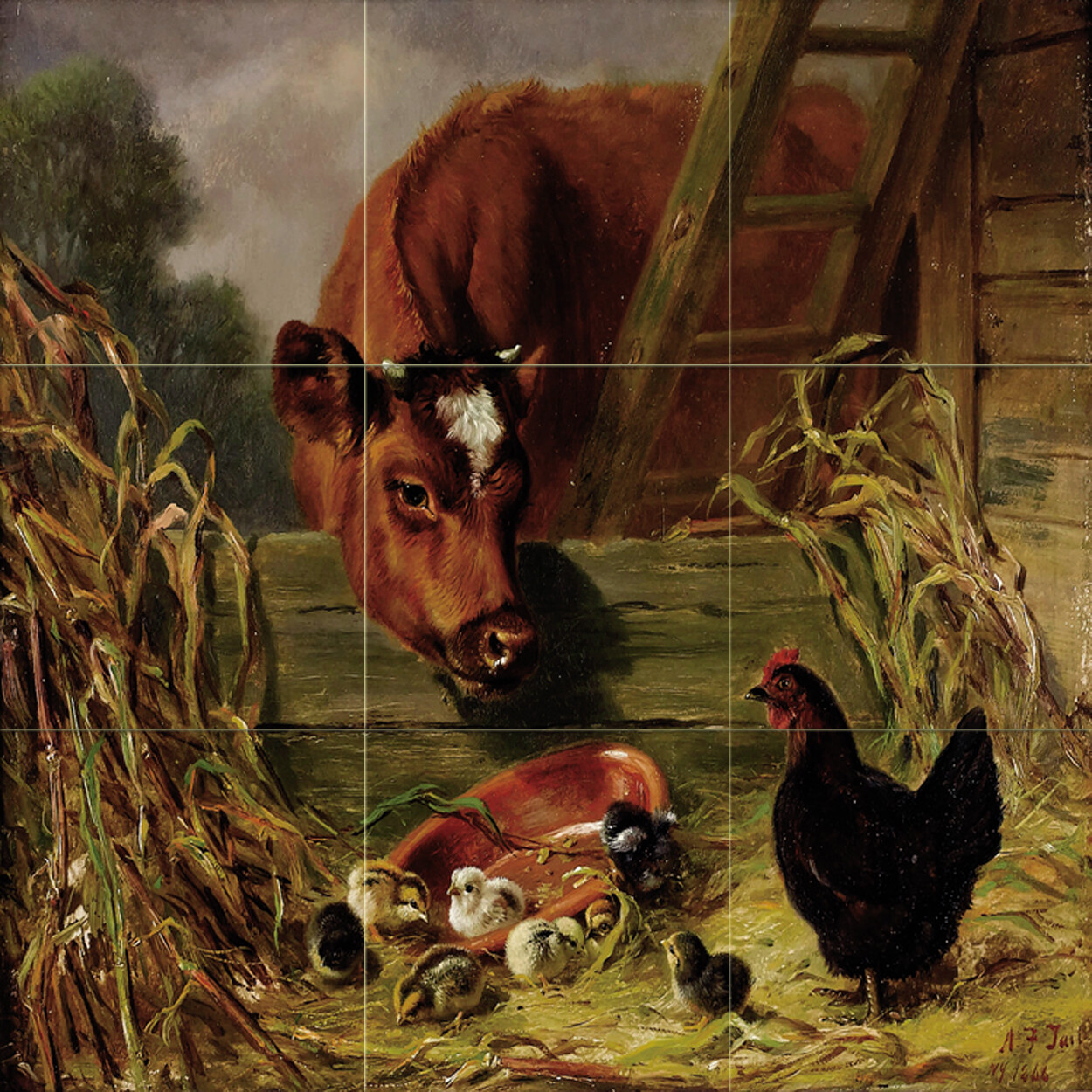 24 x 24 Mural Barnyard Scene by Arthur Fitzwilliam Tait Backsplash Tile #2560