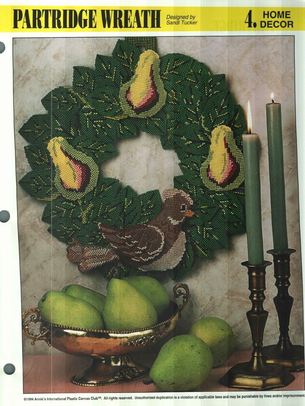 NEW PARTRIDGE WREATH 15" HOME DECOR ANNIE'S PLASTIC CANVAS PATTERN INSTRUCTIONS
