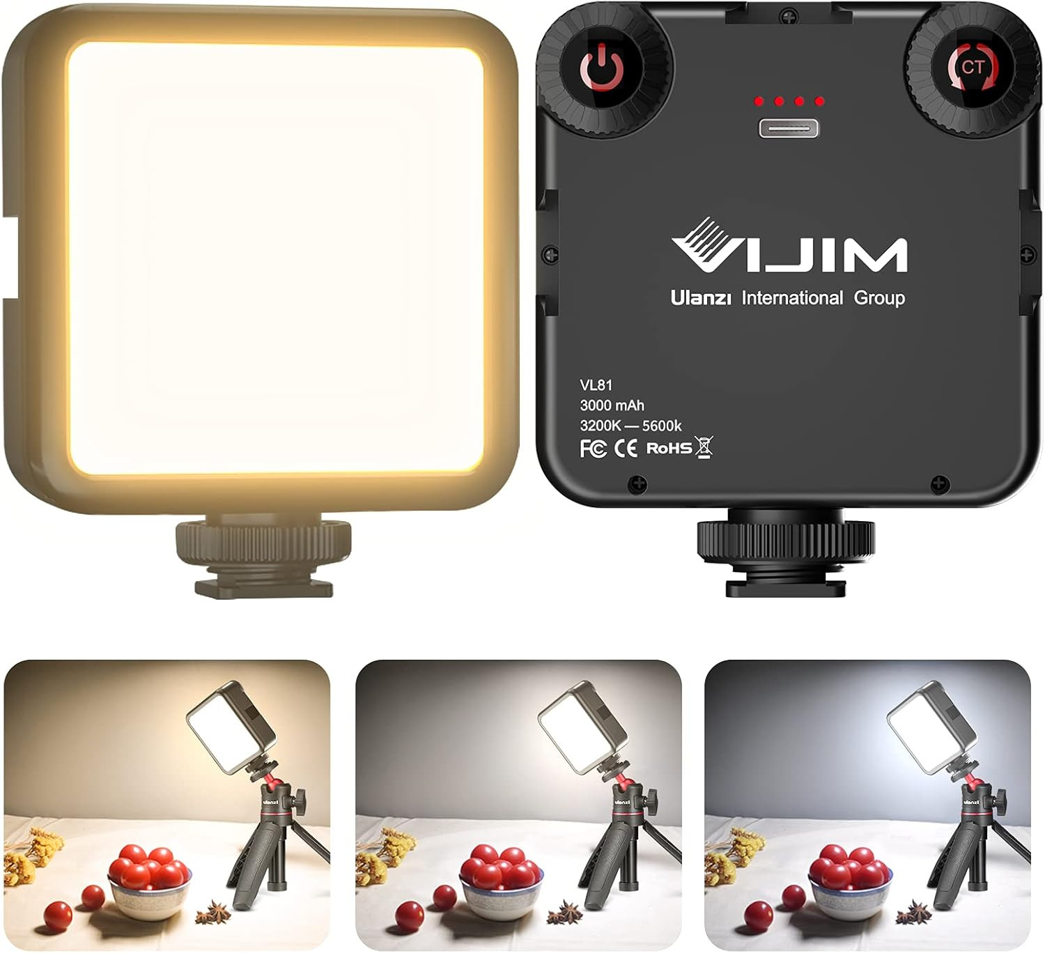 LED Video Light, VL81 on Camera Light with 3 Cold Shoe Rechargeable 3000Mah Batt
