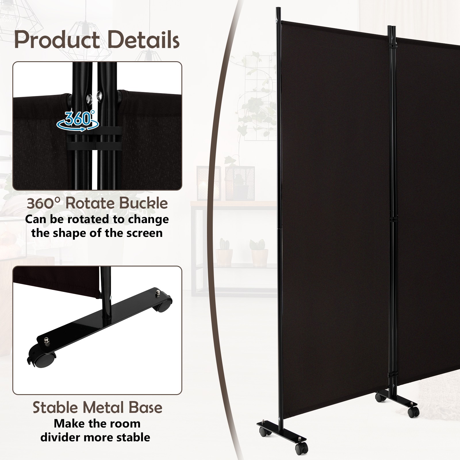6-Panel Folding Room Divider 6FT Rolling Privacy Screen w/ Lockable Wheels Brown