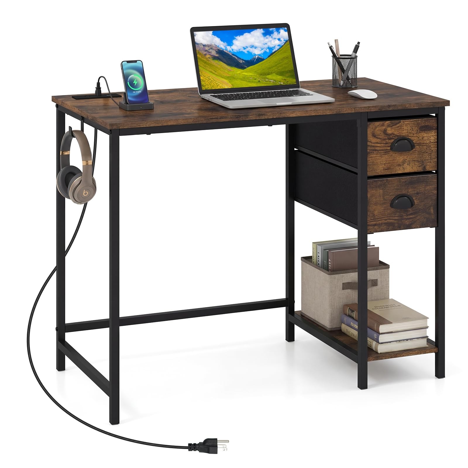 Computer Desk with Charging Station, 38" Home Office Desk w/ 2 Fabric Drawers...