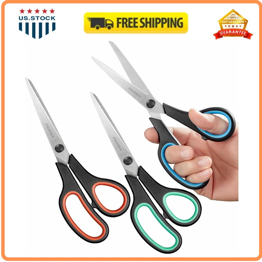 3 Pack 8 Inch Stainless Steel Craft Scissors Heavy Duty Comfort Grip All Purpose