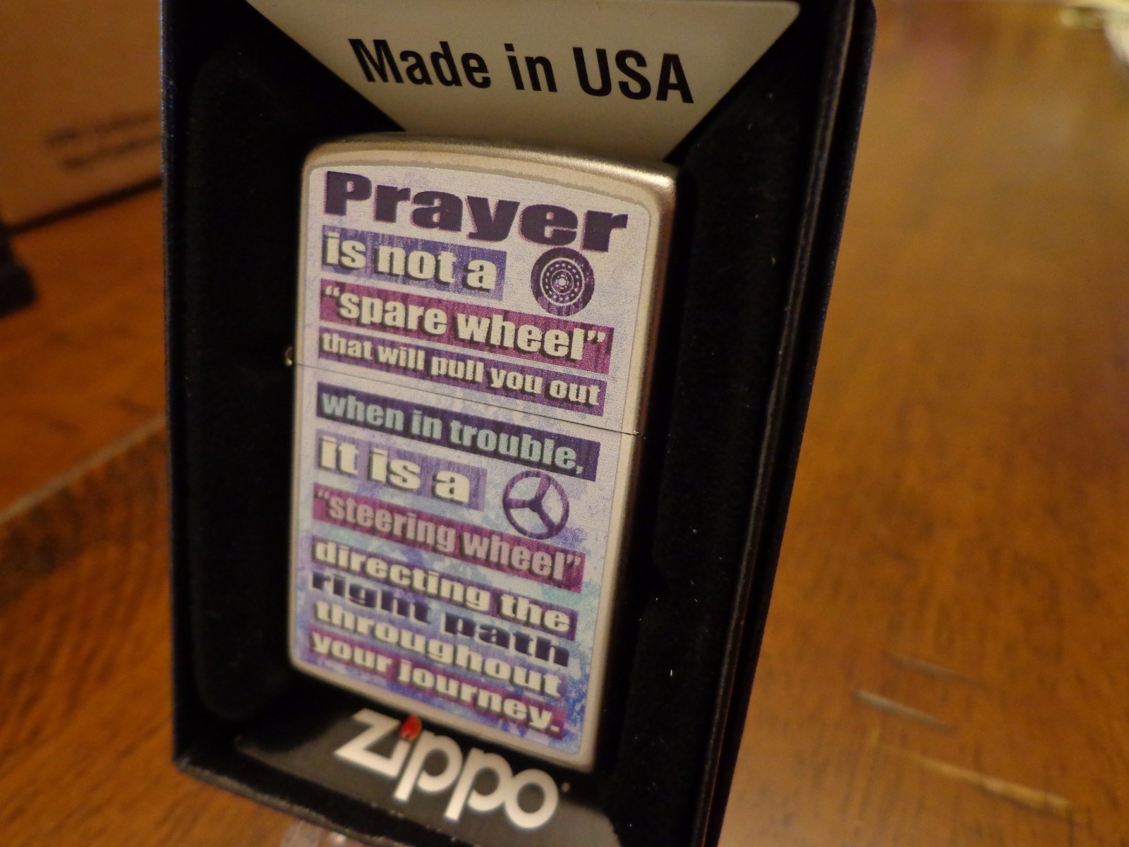 PRAYER IS NOT A SPARE WHEEL IT IS A STEERING WHEEL ZIPPO LIGHTER MINT IN BOX