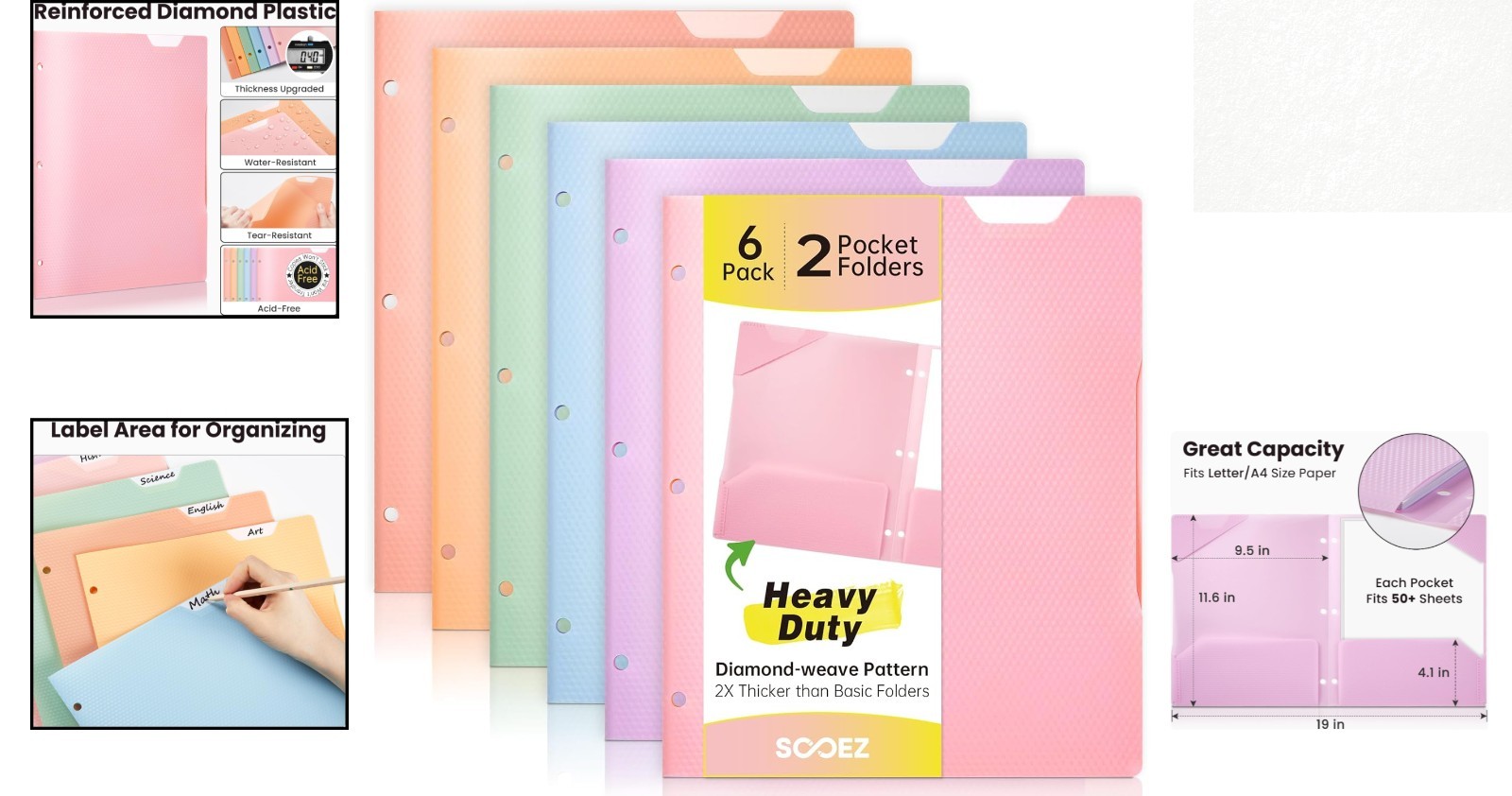 6 Pack Heavy Duty Plastic 2-Pocket Folders with Writable Top Tab - Pastel Colors