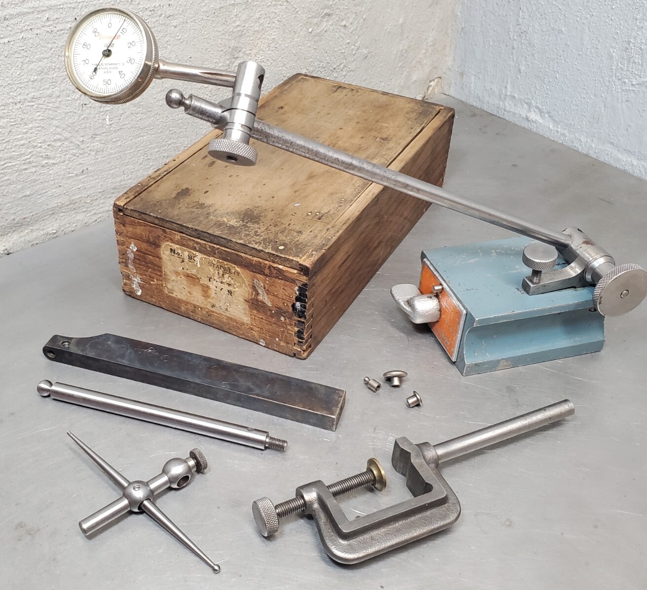 Starrett No. 196 dial indicator set with a Brown and Sharpe magnetic base - 7743