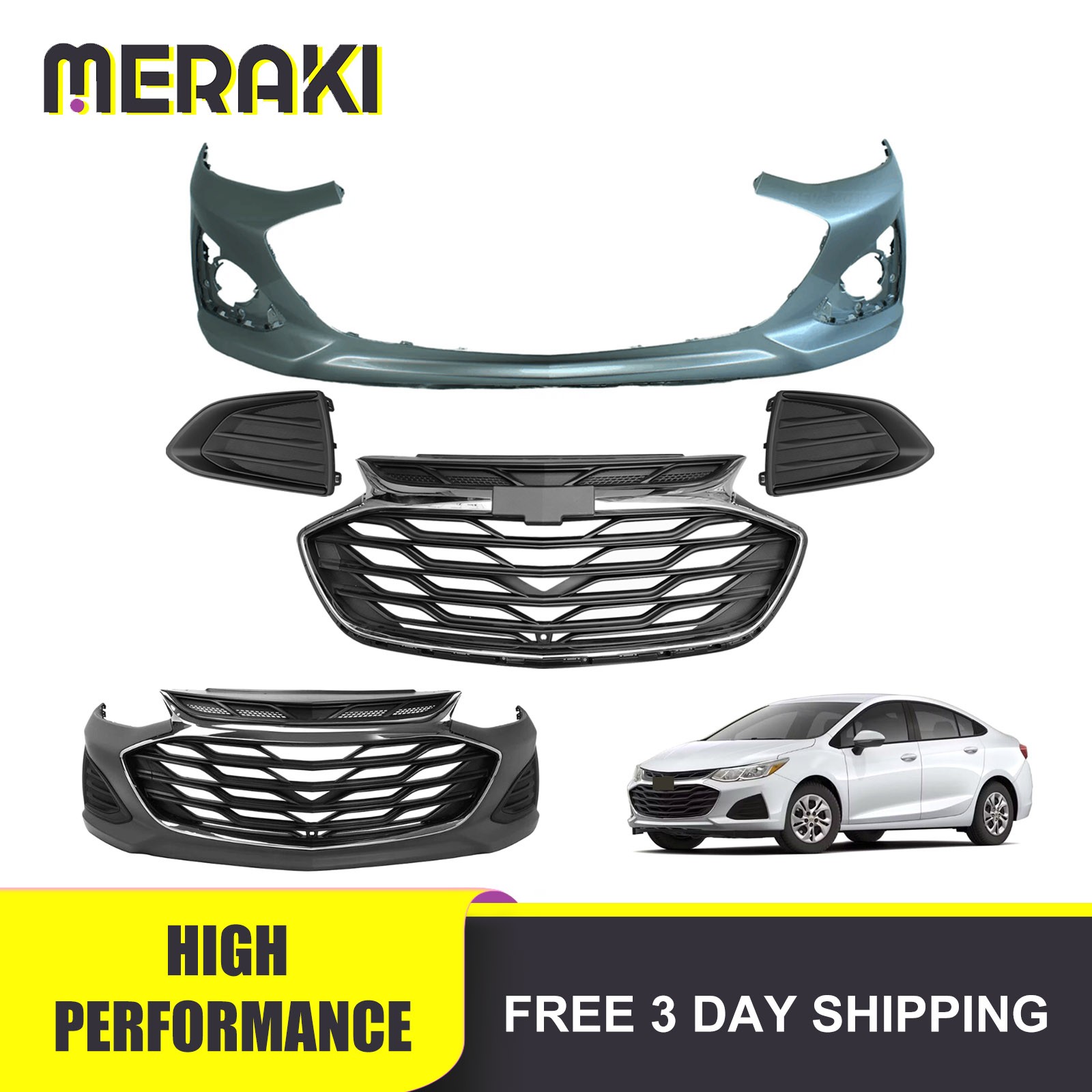 Front Bumper Cover Grille Set W/O Sensor Holes Fits 2019 2020 2021 Chevy Cruze