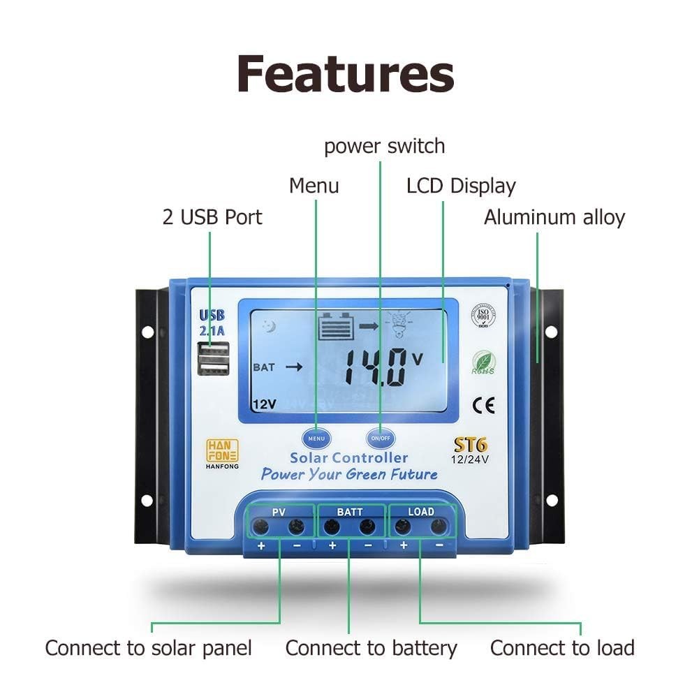 Solamr 30A Solar Charge Controller 12V/24V Automatic Voltage Recognition Solar
