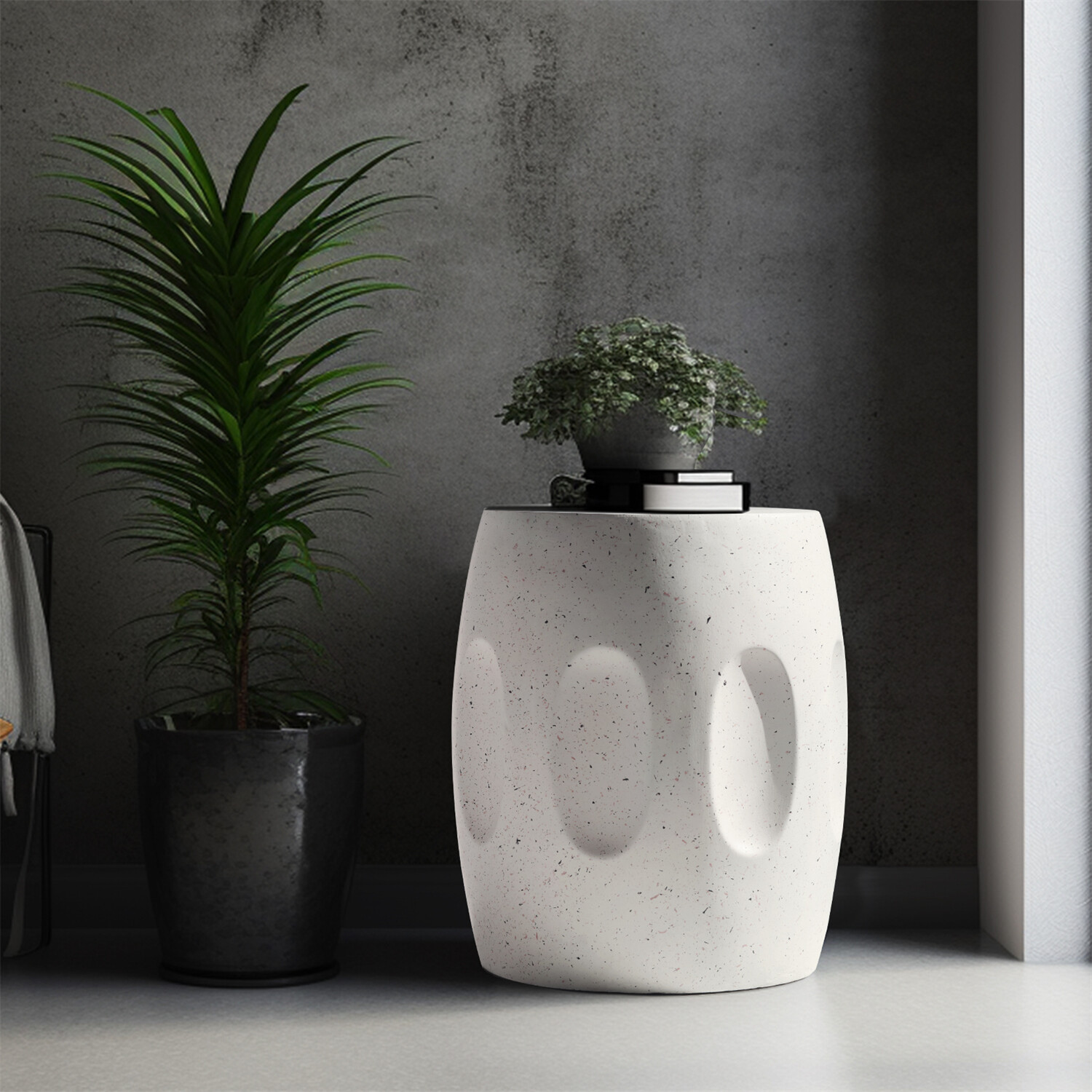 Off-white Round End Table Coffee Sofa Side Table Drum Shape Solid Concrete