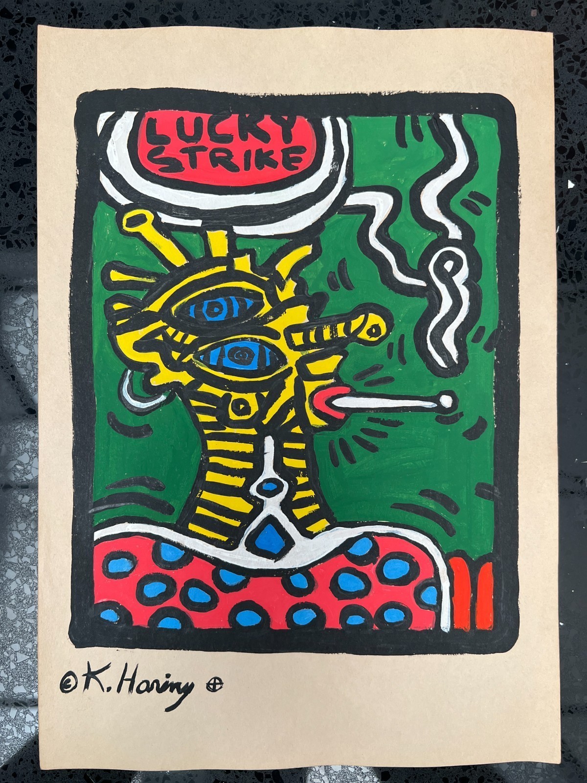 Keith Haring (Handmade) Drawing On old Paper Signed & Stamped, Vtg Art