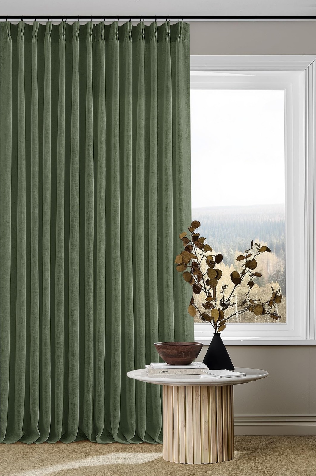 Curtains 96 Inch Olive Green Linen Pinch Pleated Light Filtering Pack Thick Long