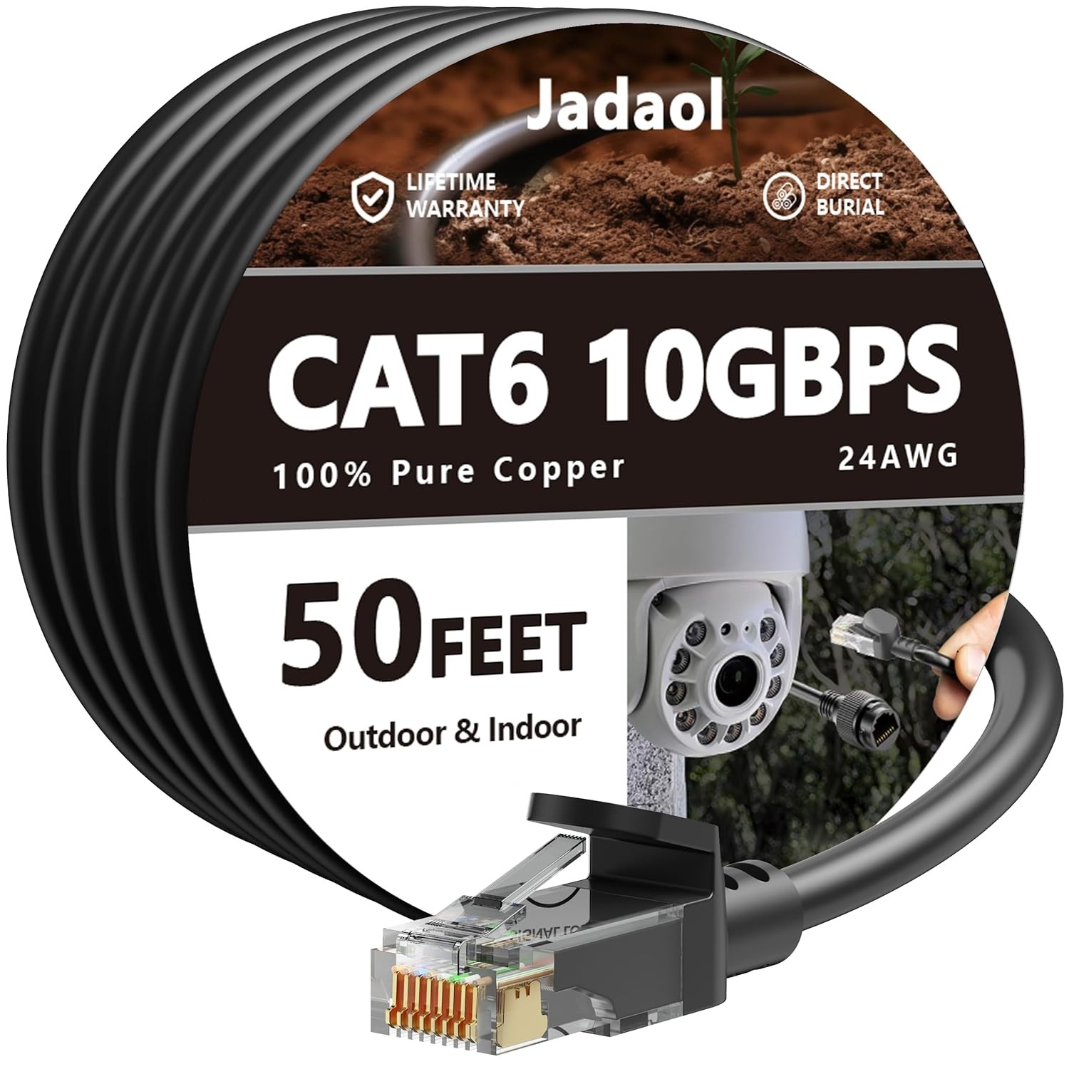 Cat6 Outdoor Ethernet Cable 50ft, 24AWG 10Gbps Support Cat8/7 Black