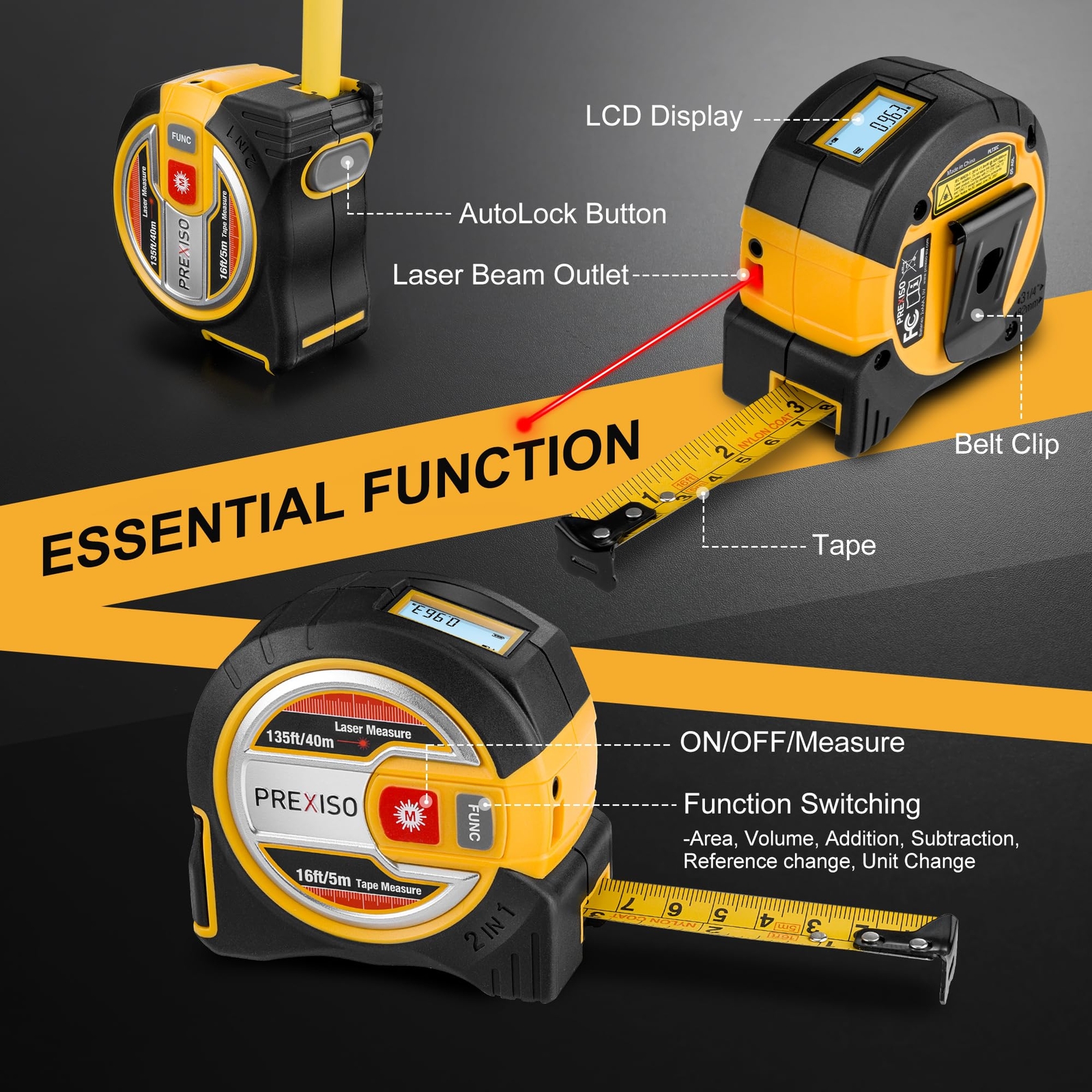 PREXISO 2-in-1 Laser Tape Measure 16Ft Measure Tape&135Ft Laser Measurement Tool