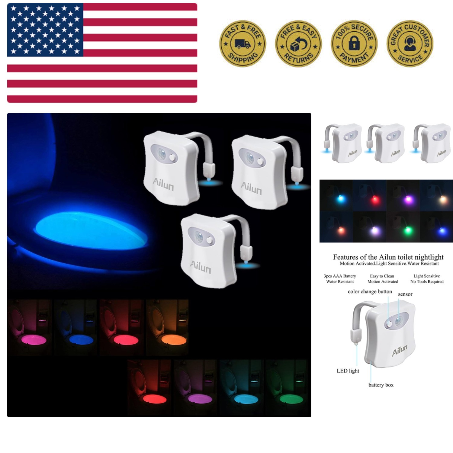 Toilet Night Light 3Pack Motion Activated LED Light 8 Colors Changing Toilet ...