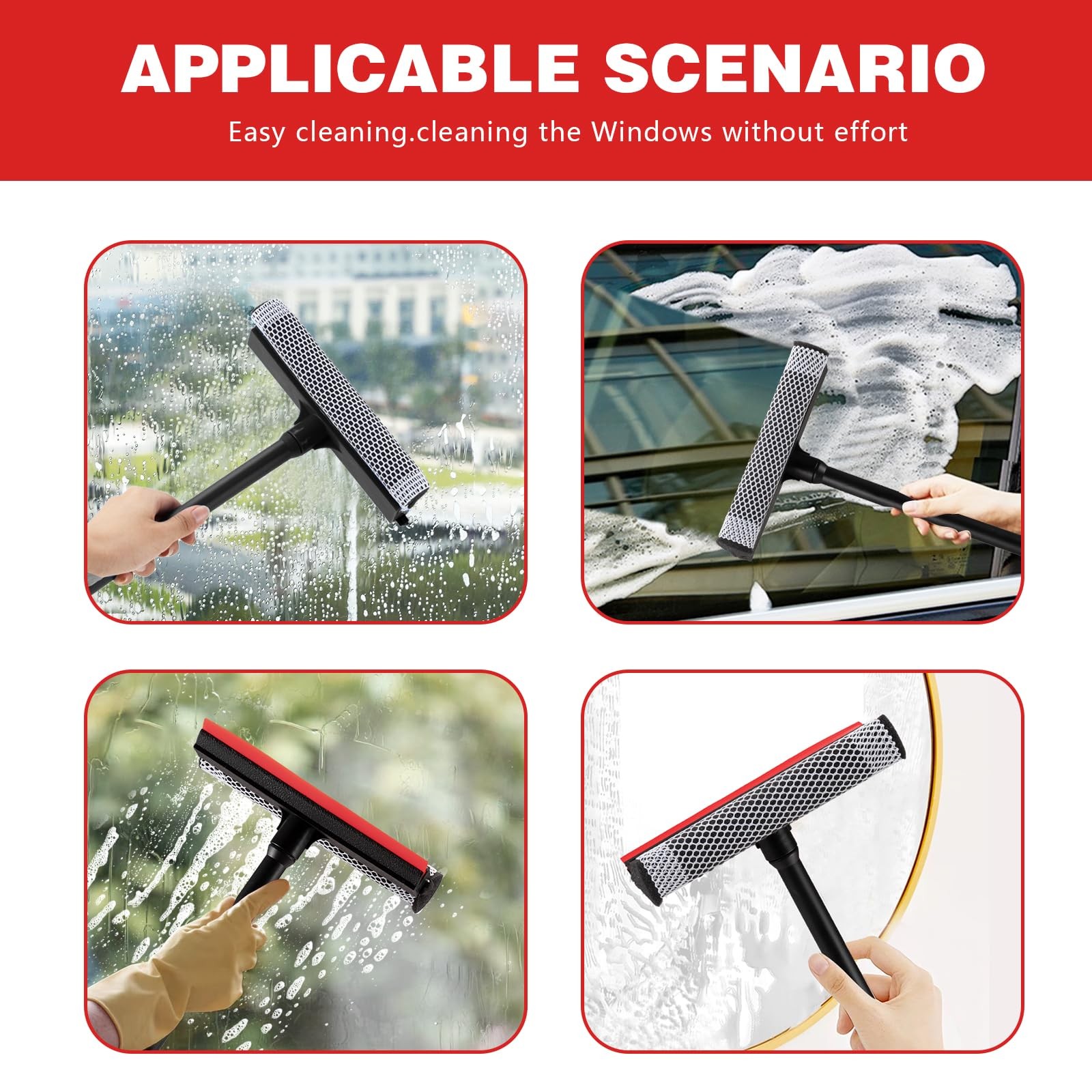 Professional 8.1" 2 in 1 Window Squeegee with 16" Long Handle,Car Black