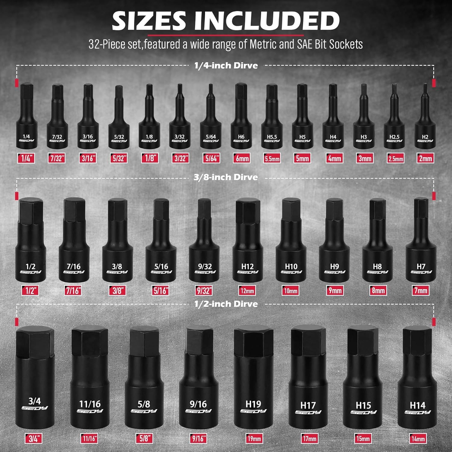 Hex Bit Impact Socket Set 36-PC with 4 Adapters, 1/4" 3/8" 1/2" Drive Master