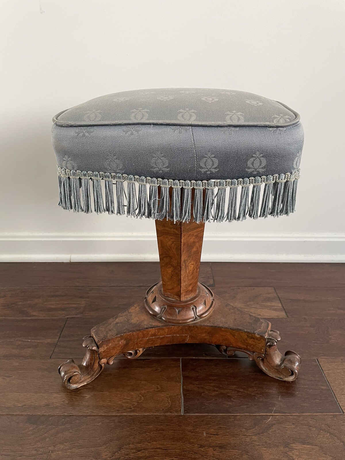 Antique Hand Carved 1743 Wood Base Upholstered Fringe Seat Swivel Vintage Stool