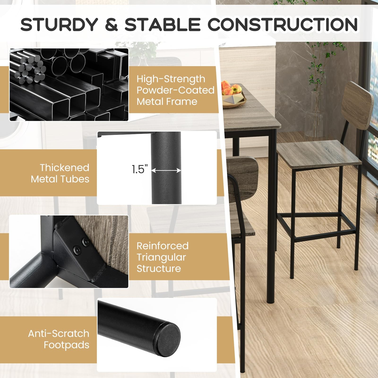 5-Piece Dining Table Set W/Counter Height Table & 4 Bar Stools, Modern Kitche...