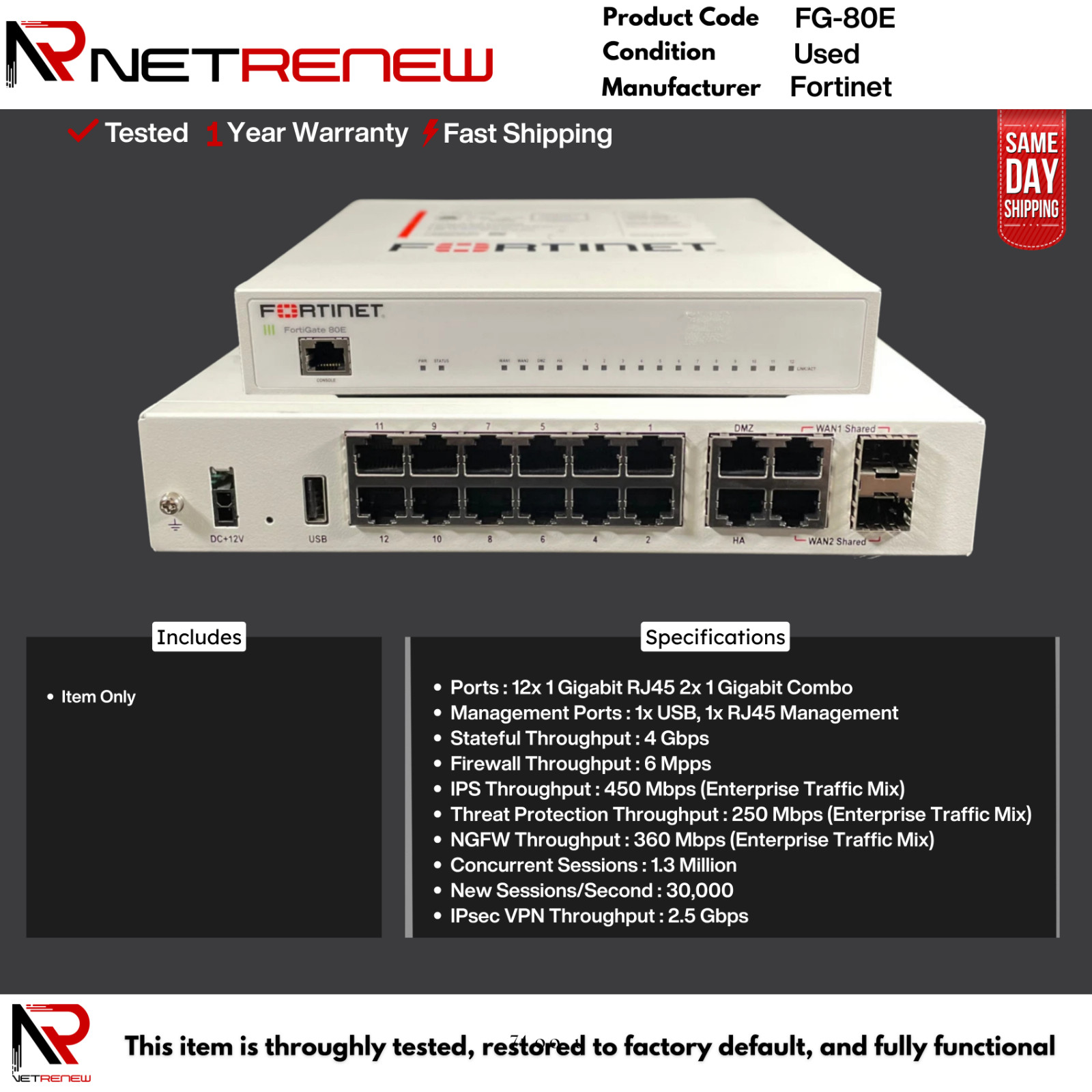 Fortinet FG-80E Firewall Network Security Appliance **ITEM ONLY**