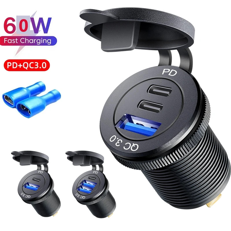 Type c car usb charger socket 12/24V Three Port USB Charger Socket USB-C PD & Du