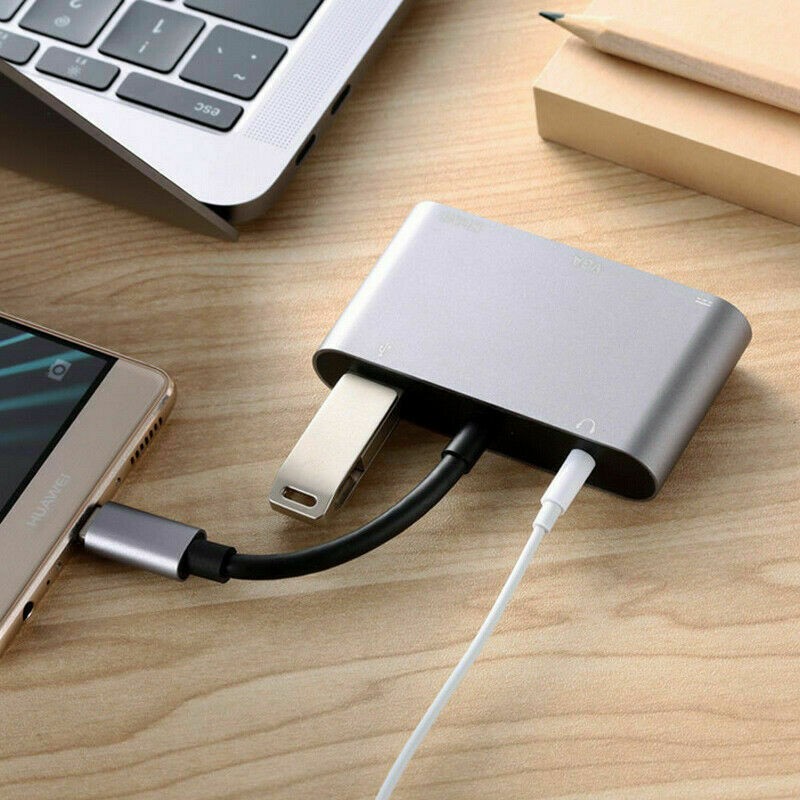 Type C to HDMI/VGA/USB 3.0/3.5mm Audio/USB-C PD Port 5 in1 Adapter Converter Hub