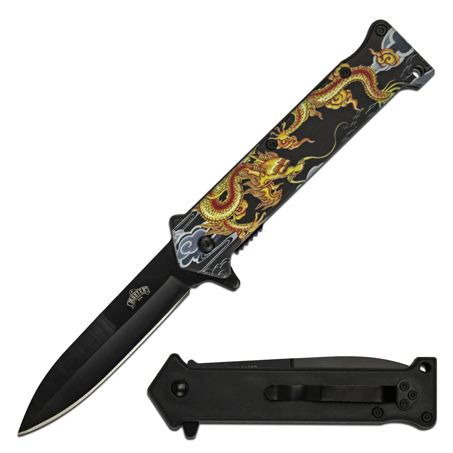 Spring-Assist Folding Knife 3.75in Black Blade Gold Dragon Stiletto Tactical EDC