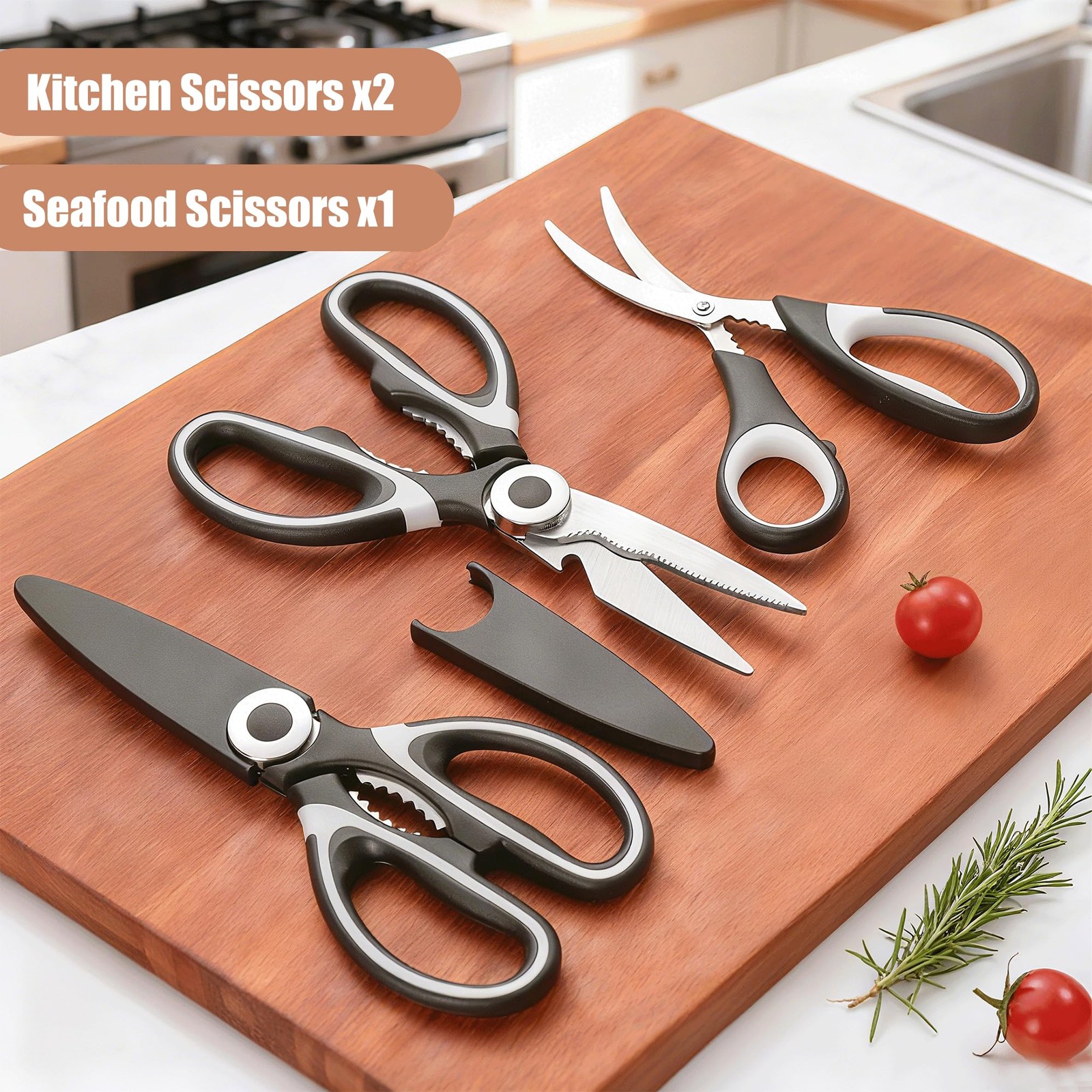 OMDAR Kitchen Scissors All Purpose 3 Pack - Heavy 8.3 Inch, Black & White