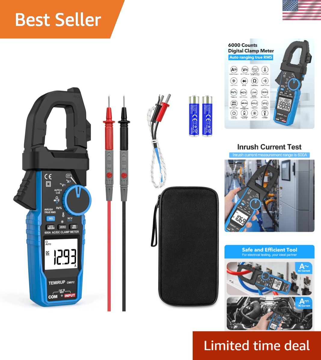 Digital Inrush Clamp Meter Multimeter, T-RMS 6000 Counts 600A Current Amp Vol...