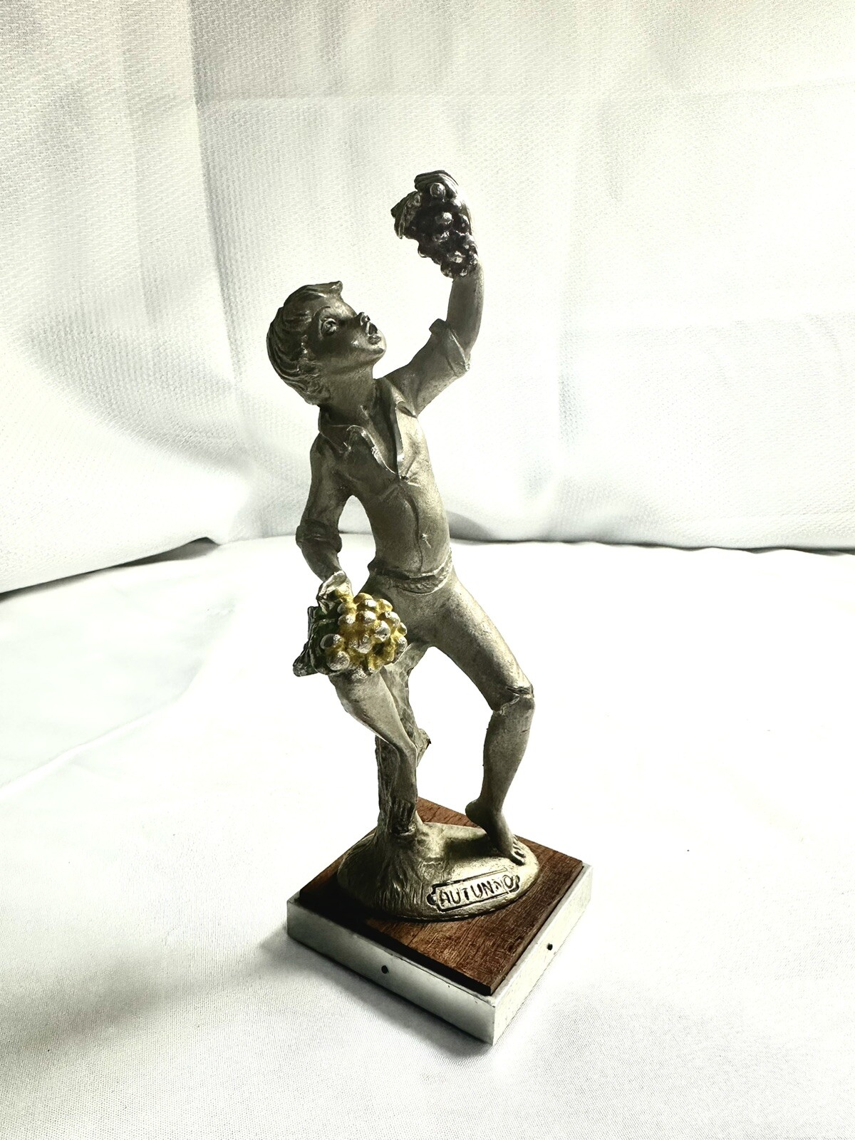 Vintage Signed AUTUNNO Boy Eating Grapes Sculpture Wooden Base Italy Art Deco