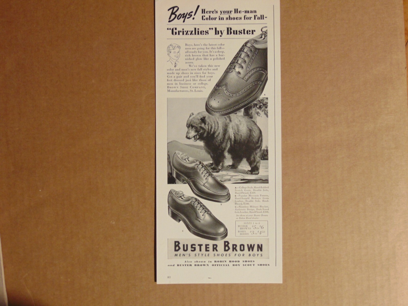 1942 BUSTER BROWN Boys Shoes GRIZZLIES Bear Vintage print ad
