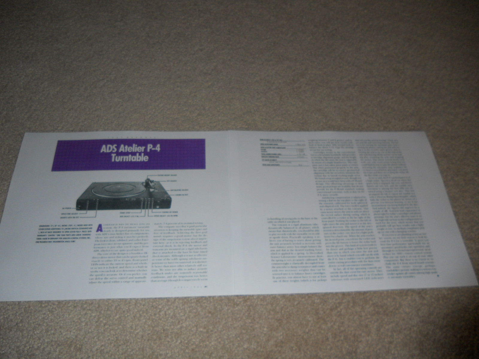 ADS Atelier P-4 Turntable Review, 2 pg, 1986, Full Test, Rare Info!
