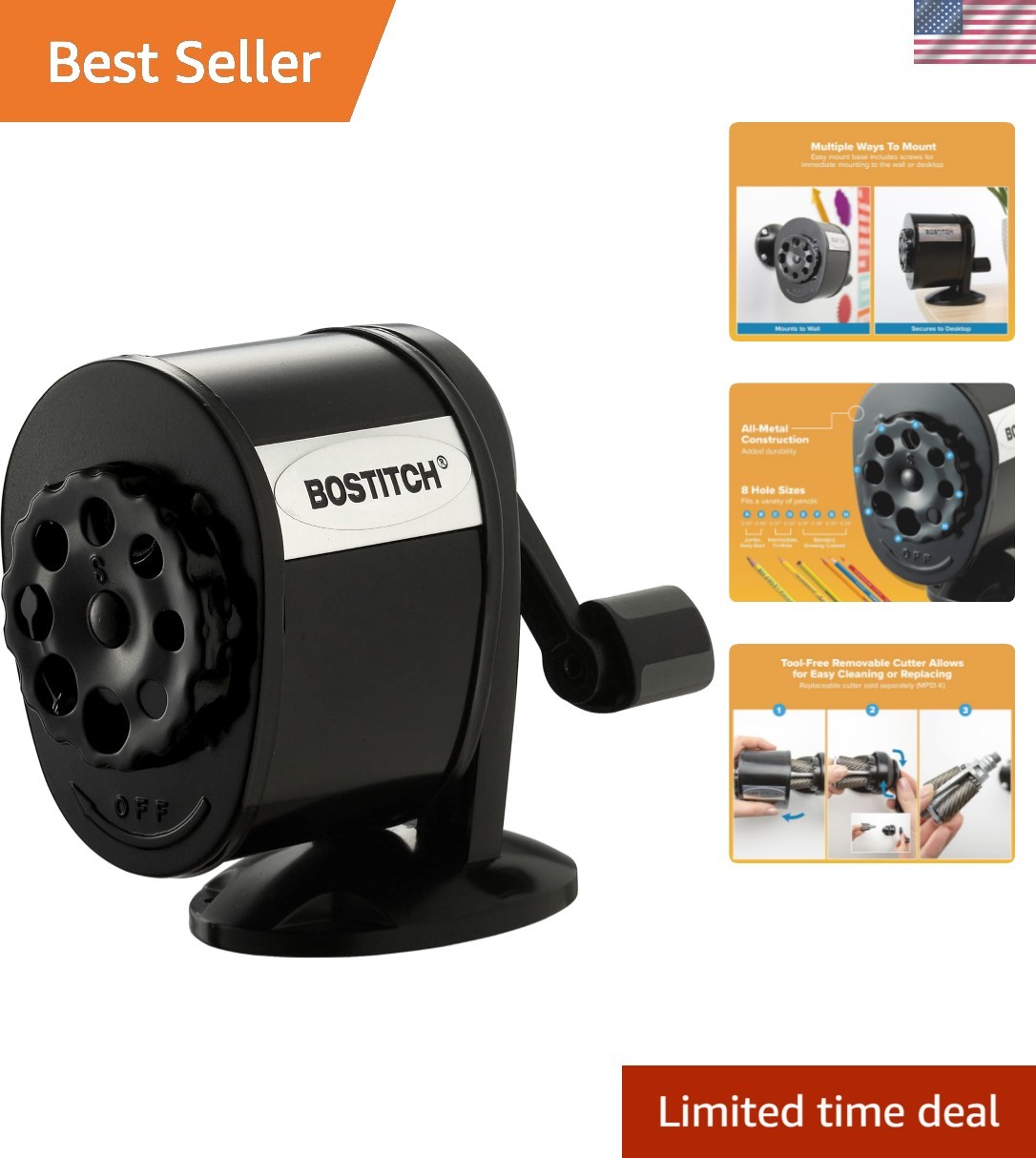 Versatile Office Manual Pencil Sharpener - 8 Sizes, Long Life Cutter - Black