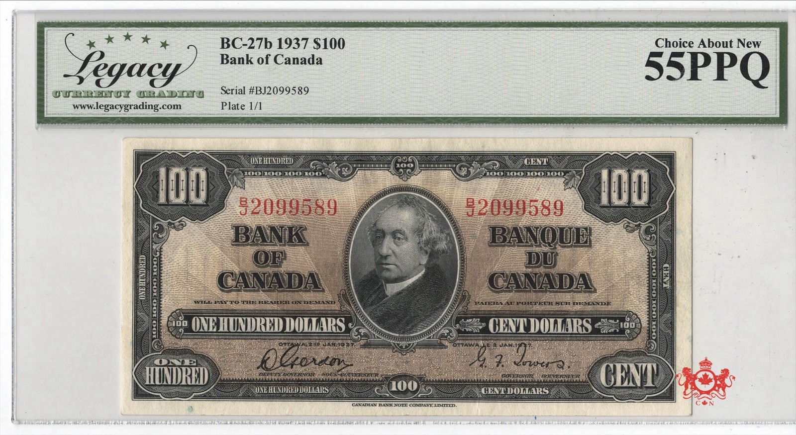 1937 Bank Of Canada 100$ Gordon/Towers B/J2099589 - Legacy AU55PPQ -
