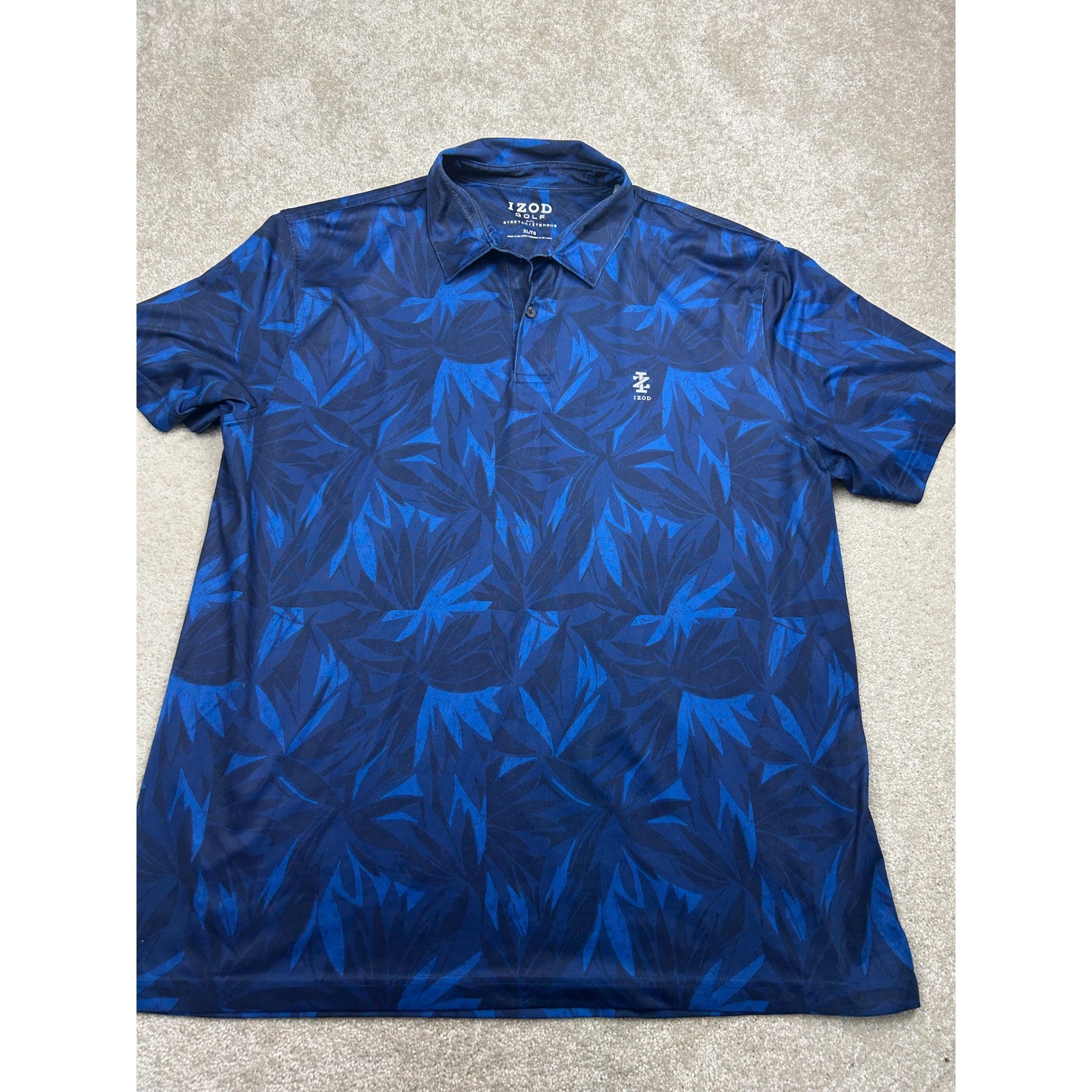 IZOD Tropical Leaf Polo XL Blue Short Sleeve Stretch Golfcore Summer Resort