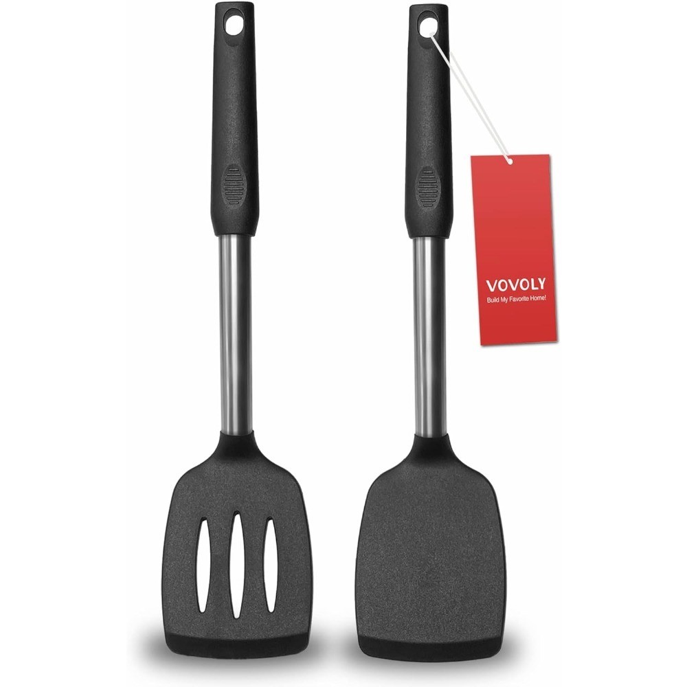 Solid & Slotted Silicone Spatula Set with Stainless Steel Handle Non Stick