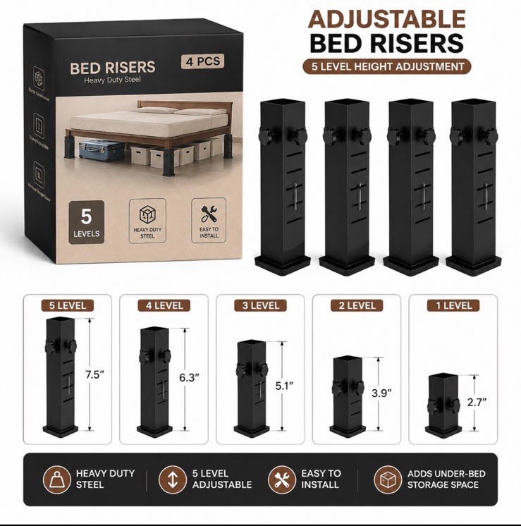 Heavy Duty Bed Risers Adjustable 4 Pack / 5 Height Levels
