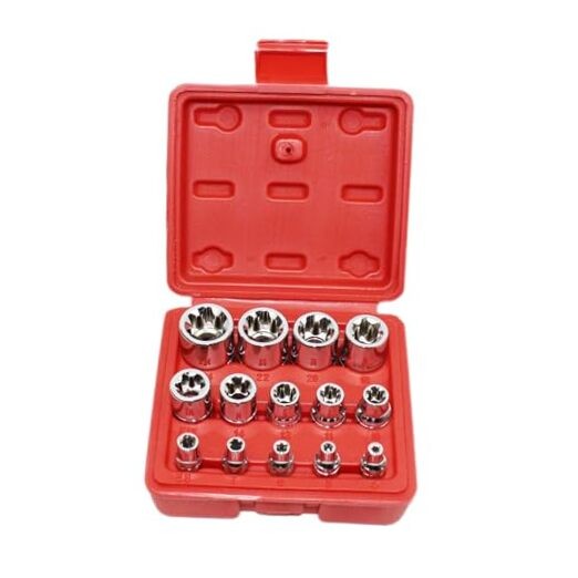 14Pcs E-Torx Star Socket Set with Case, 1/4, 3/8, 1/2 in. Drive Female Red