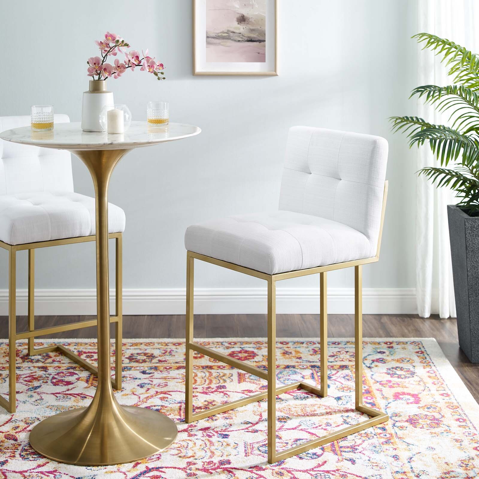 Modway Privy Fabric Upholstered Gold Stainless Steel Bar Stool in Gold White