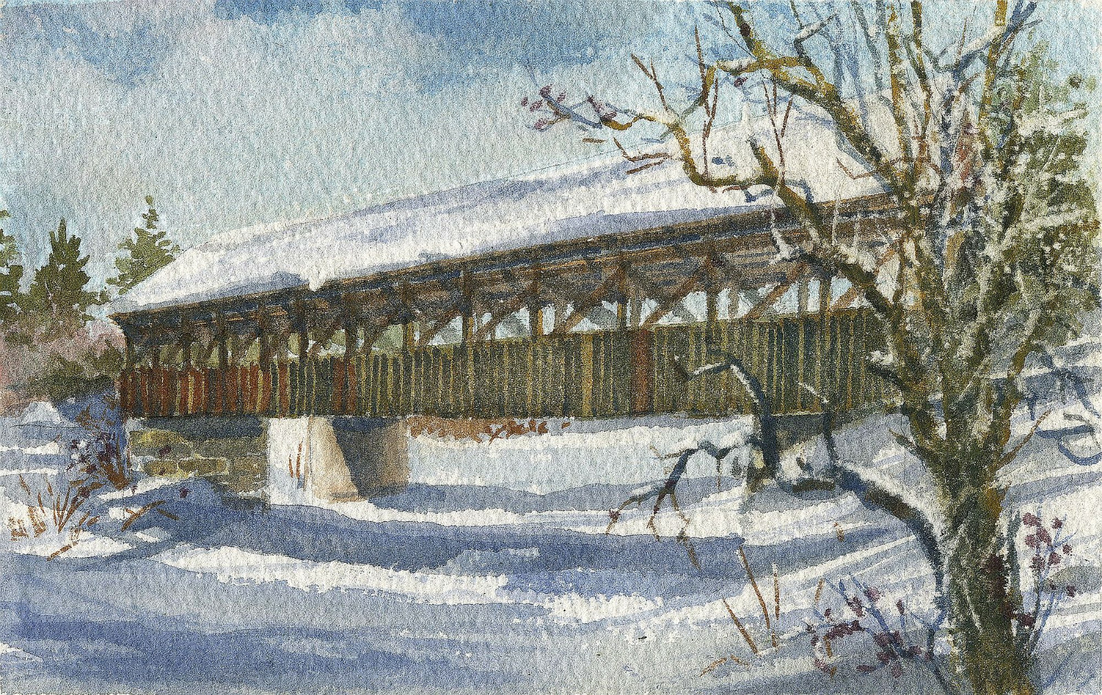 Sunday River Covered Bridge, Maine. Artists Bridge in snow. Watercolor notecards