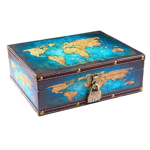 Vintage Wood and Leather Treasure Chest Box with Blue/Worldmap-10.6"×8.3"×3.7"