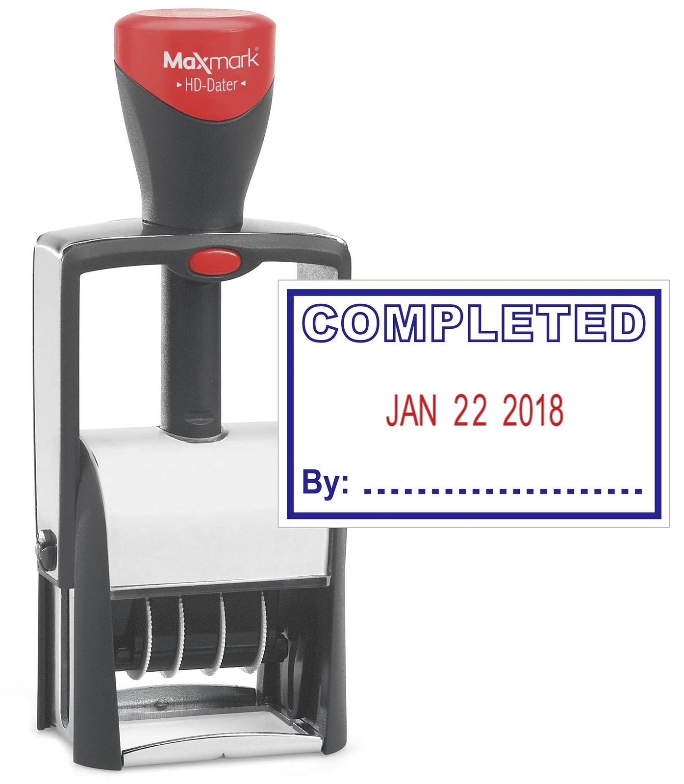 Heavy Duty Self-Inking Date Stamp with 'Completed' Phrase Blue and Red Ink