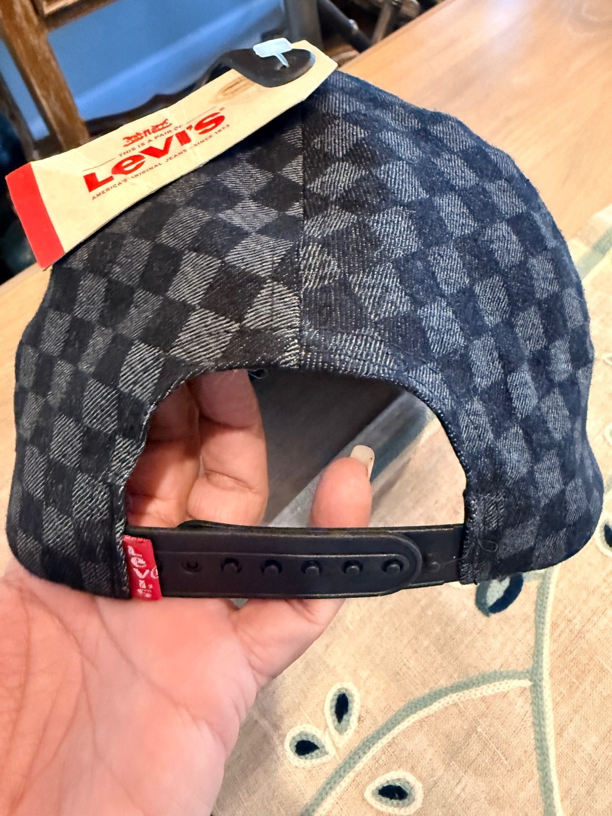 Levi's Black and Gray Checkered Baseball Cap with Adjustable
