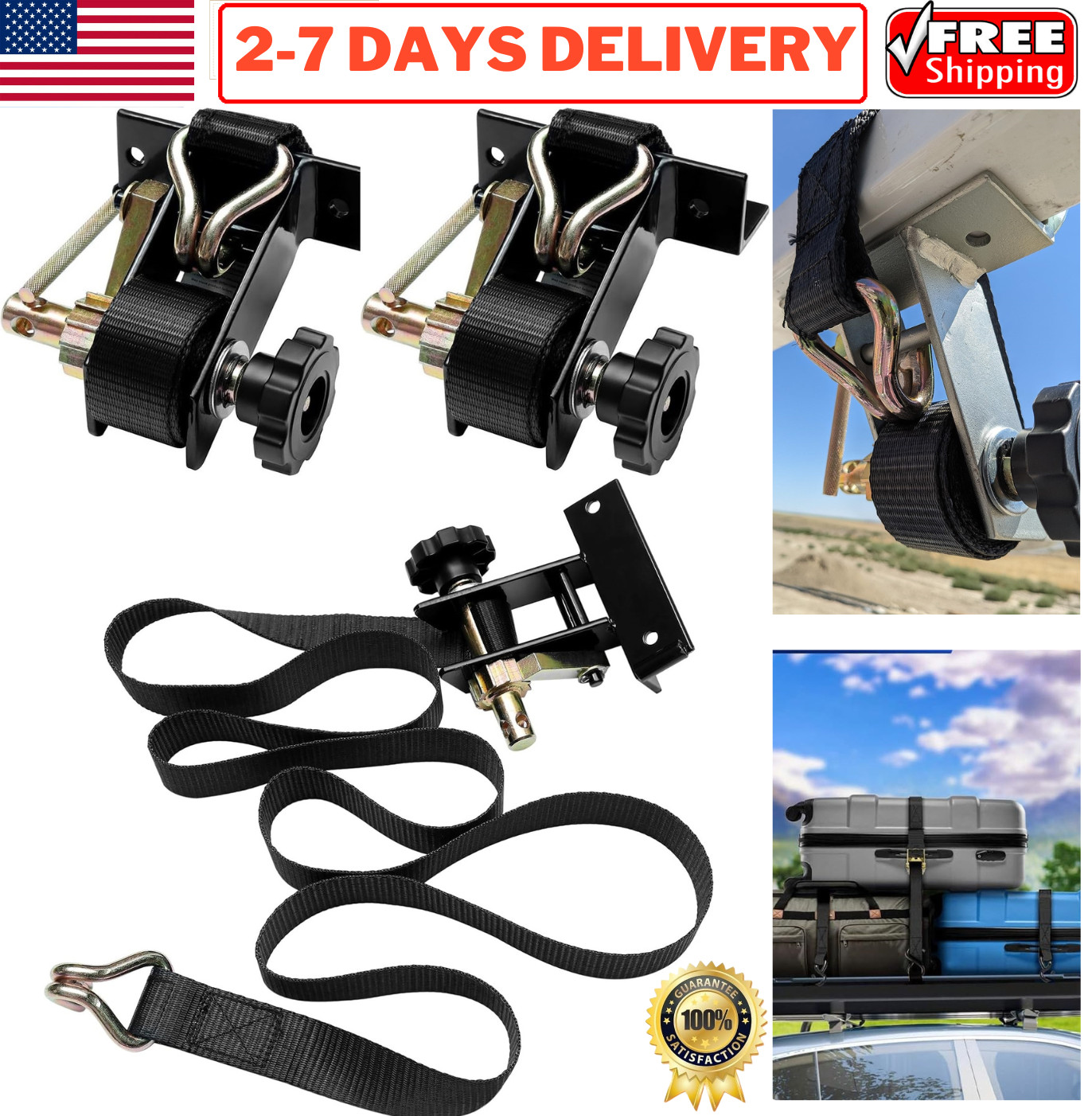 Square Tube Mount Truck Roof Ladder Rack Ratchet Lock Straps Cargo Buckle J-Hook