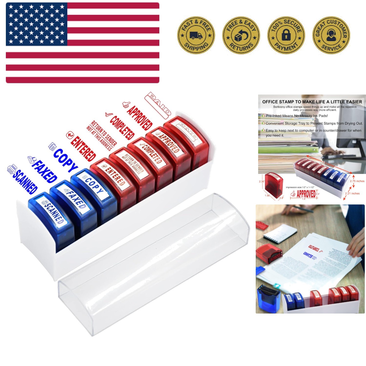 Self Inking Office Stamp Set for Approved Paid Completed Copy Faxed Scanned S...
