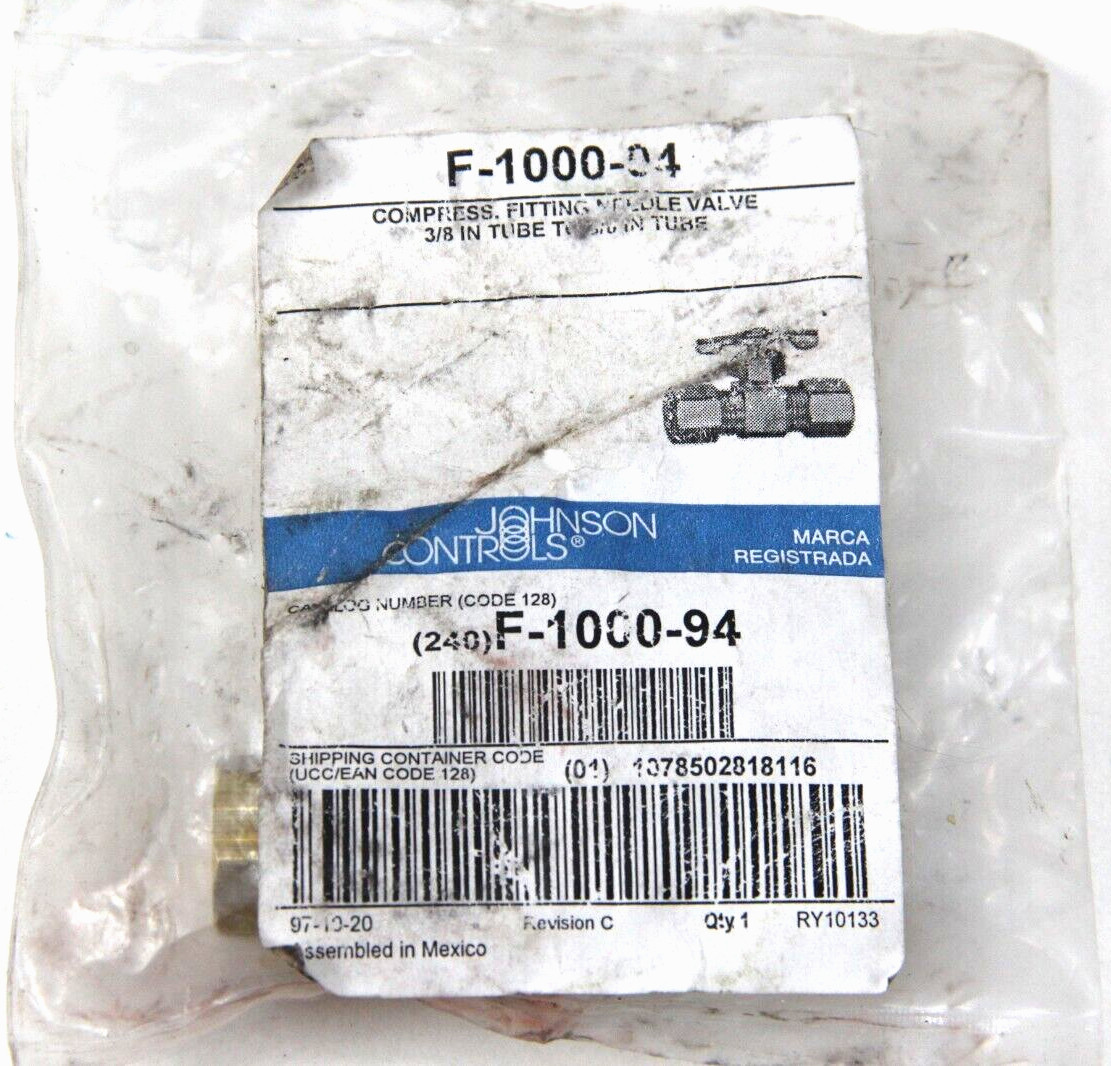 New Johnson Controls F-1000-94 F1000-94 Brass 3/8" Tube Needle Valve