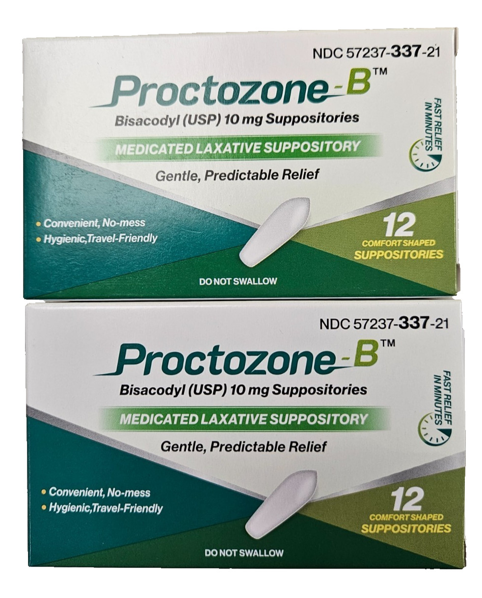 PROCTOZONE B Bisacodyl 10mg Suppositories 12 count box ( 2 pack ) --